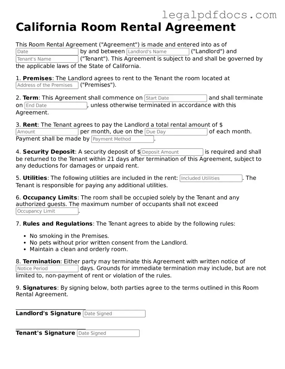 Official  Room Rental Agreement Form for California