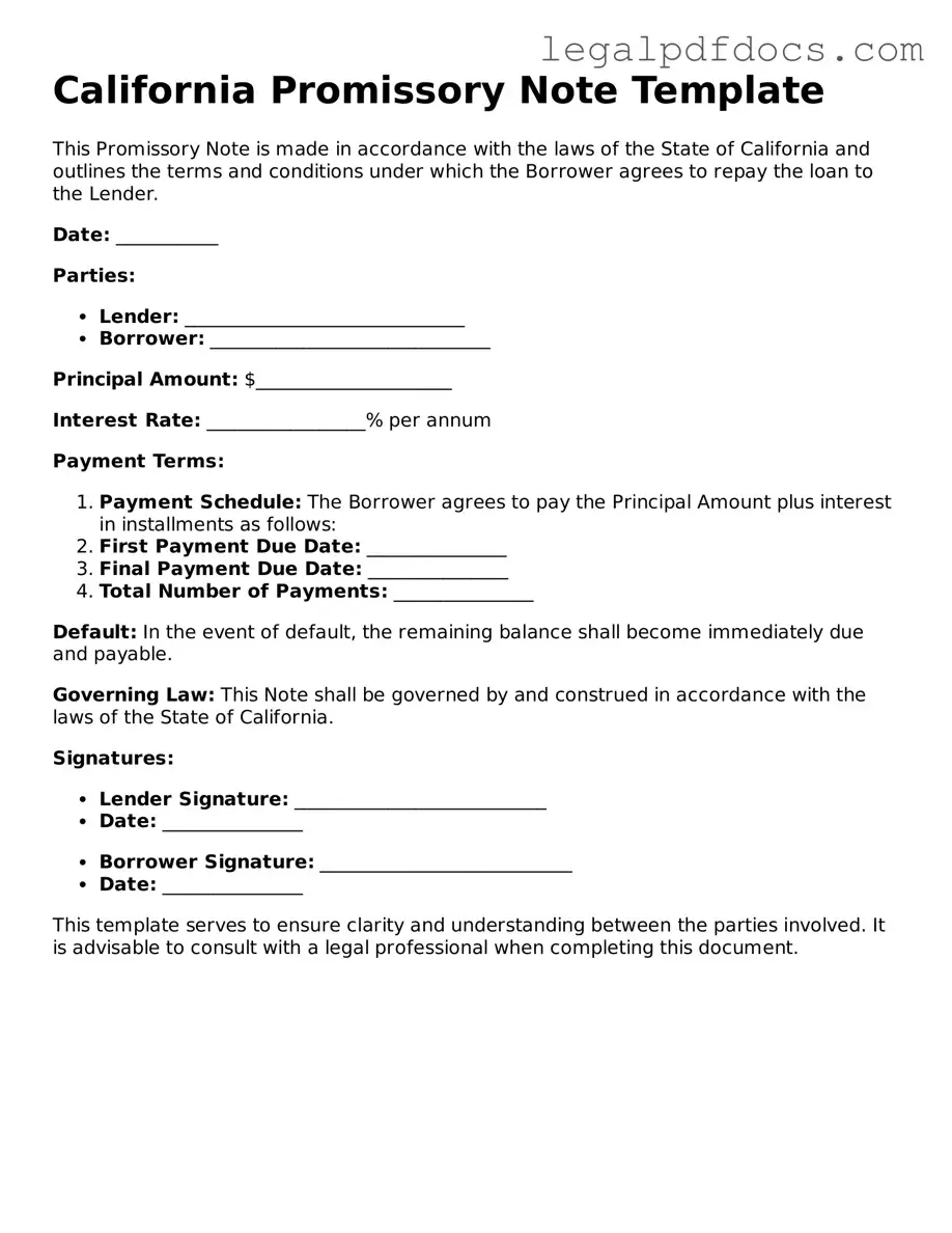 Official Promissory Note Form for California
