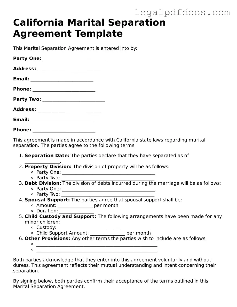 Official  Marital Separation Agreement Form for California