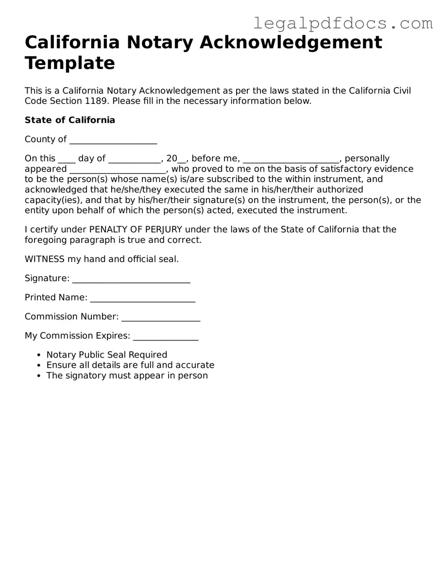 Official Notary Acknowledgement Form for California