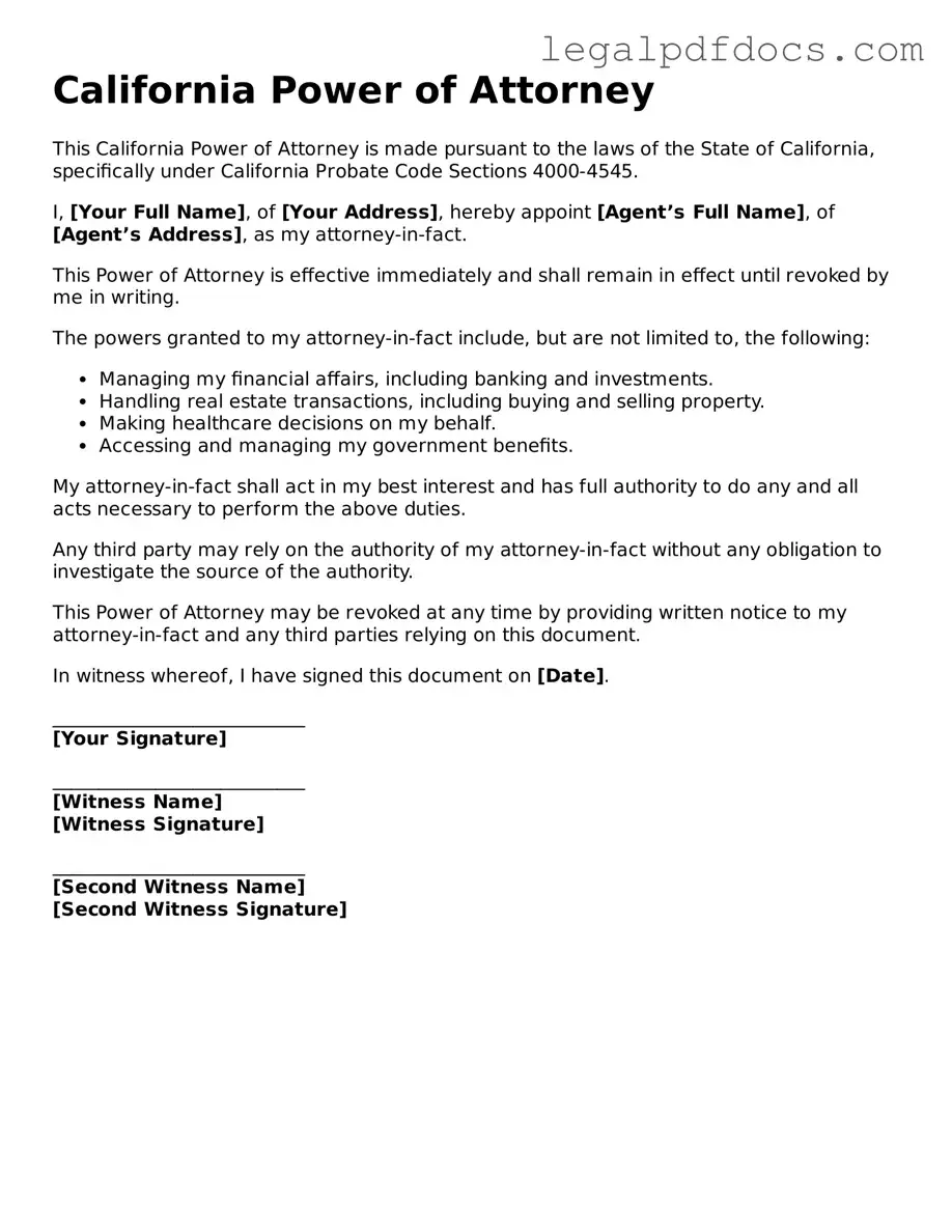 Official Power of Attorney Form for California
