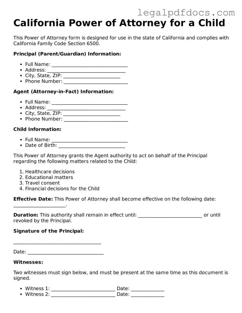 Official  Power of Attorney for a Child Form for California