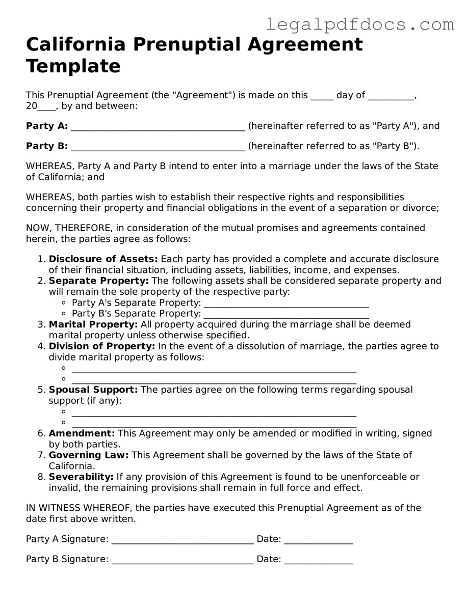 Official Prenuptial Agreement Form for California