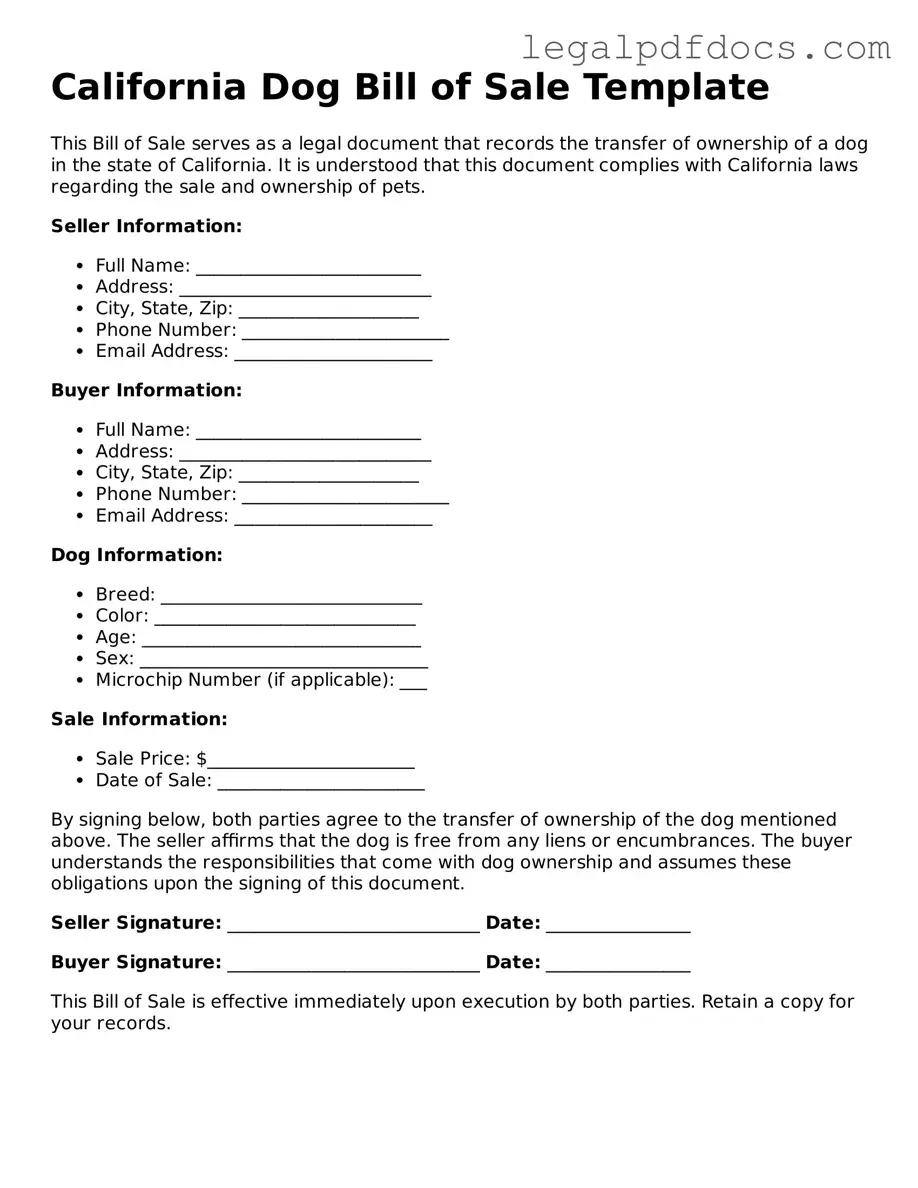 Official Dog Bill of Sale Form for California