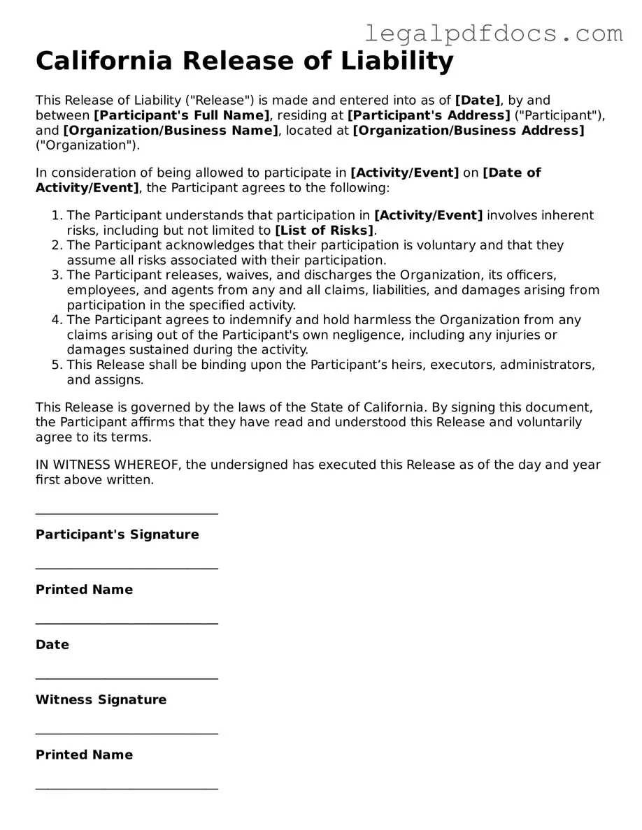 Official  Release of Liability Form for California
