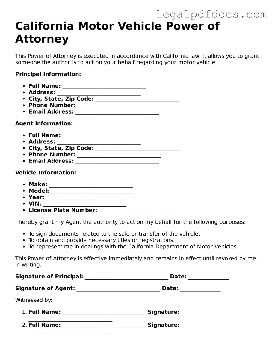 Official Motor Vehicle Power of Attorney Form for California