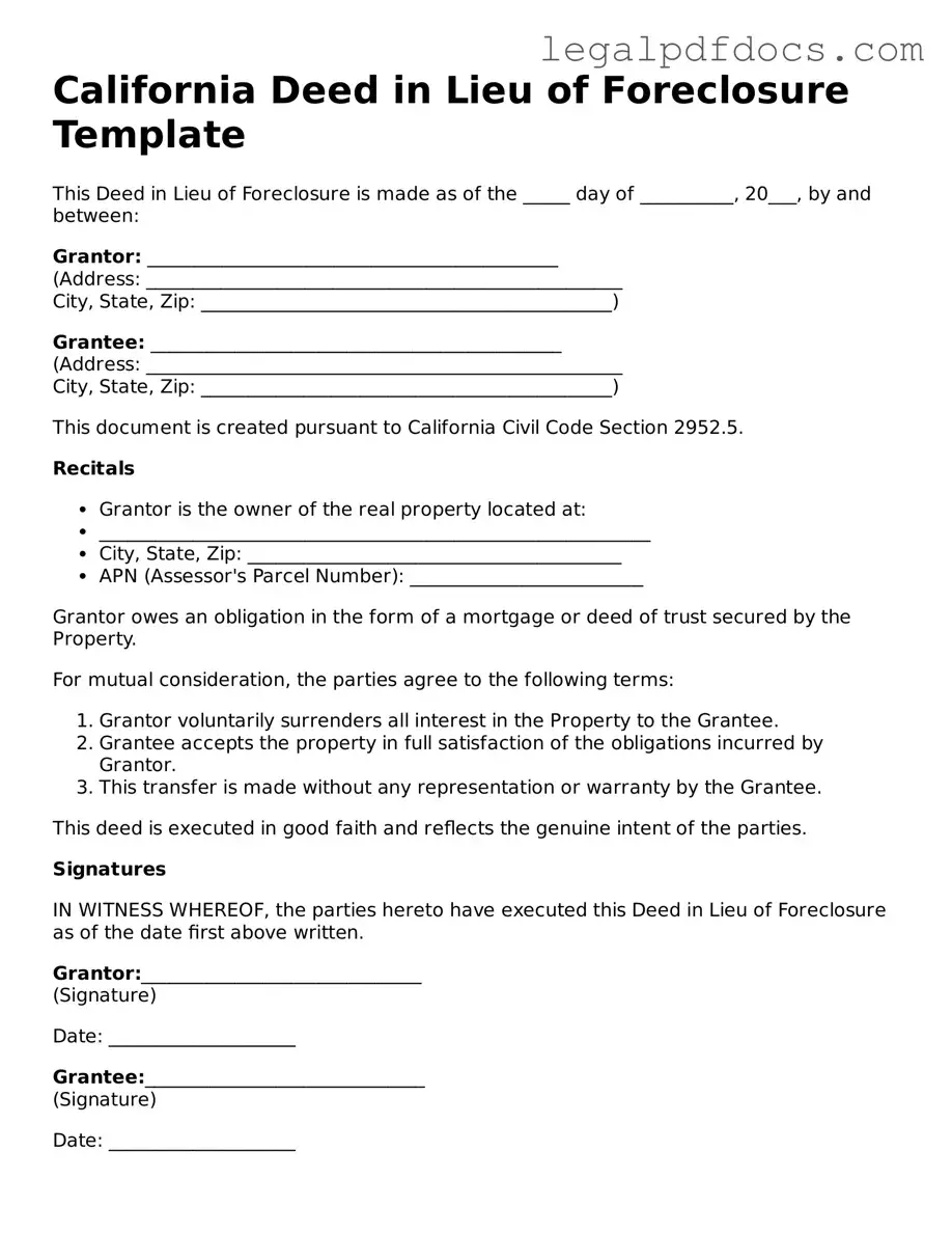 Official  Deed in Lieu of Foreclosure Form for California