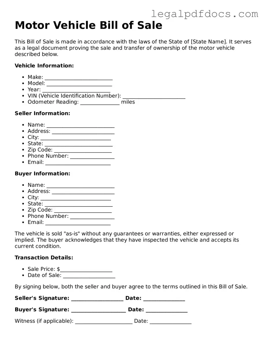 Motor Vehicle Bill of Sale Template
