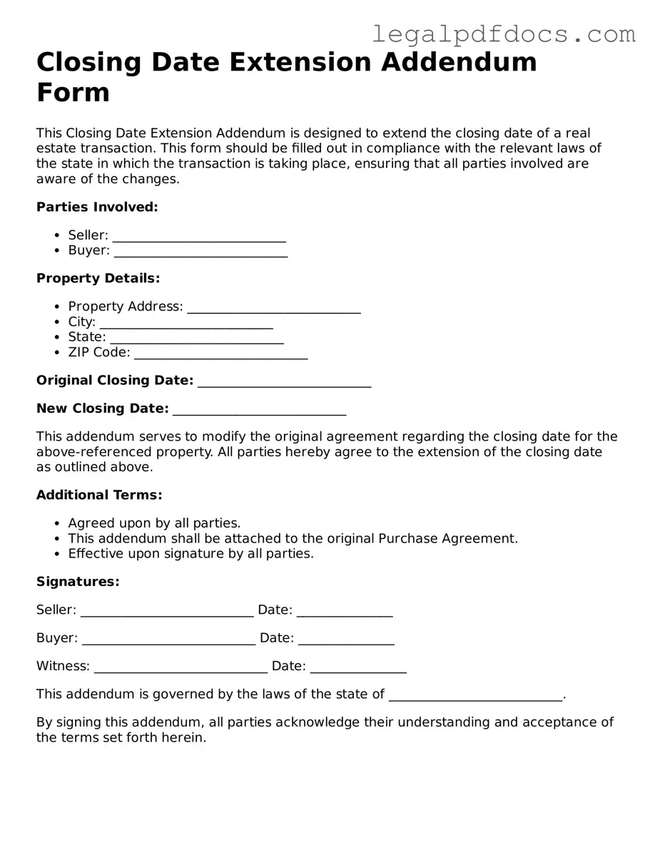 Closing Date Extension Addendum Form Template
