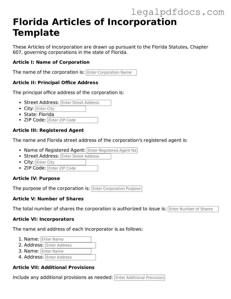 Official Articles of Incorporation Form for Florida
