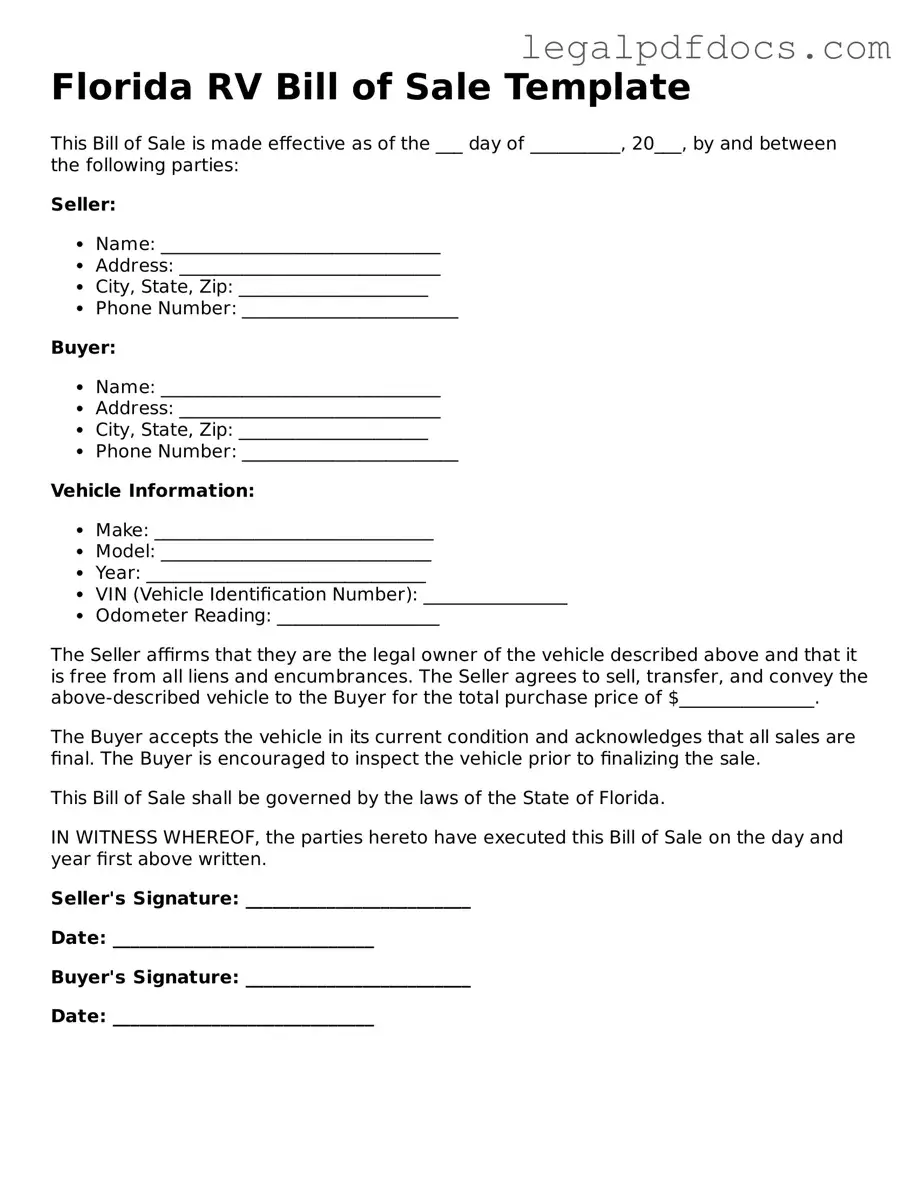 Official  RV Bill of Sale Form for Florida