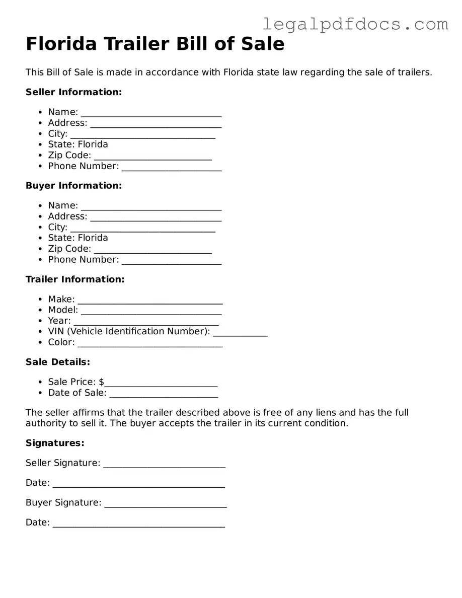 Official  Trailer Bill of Sale Form for Florida