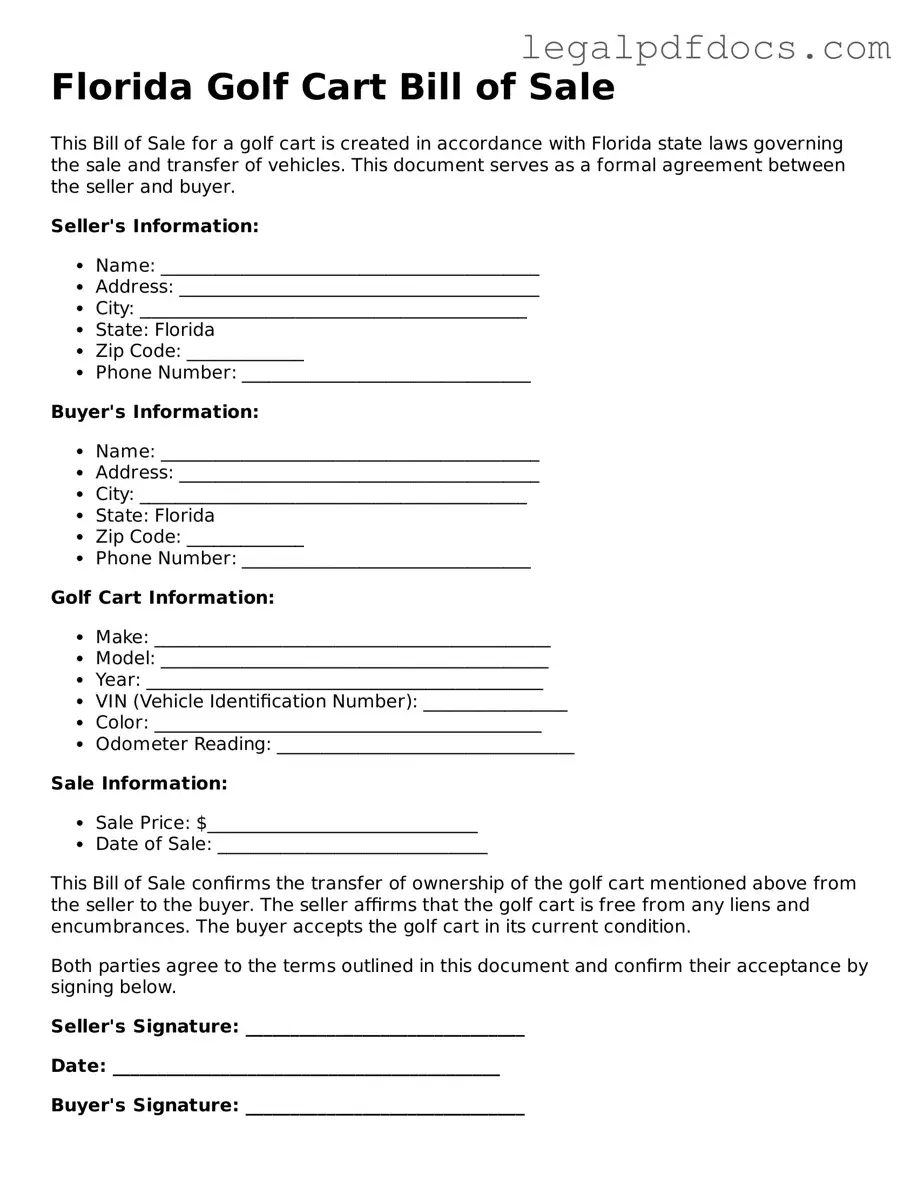 Official  Golf Cart Bill of Sale Form for Florida