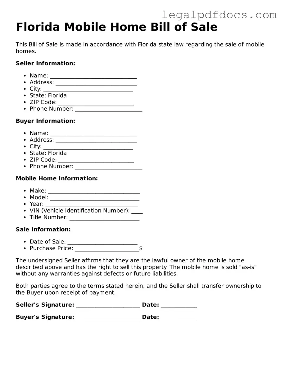 Official  Mobile Home Bill of Sale Form for Florida