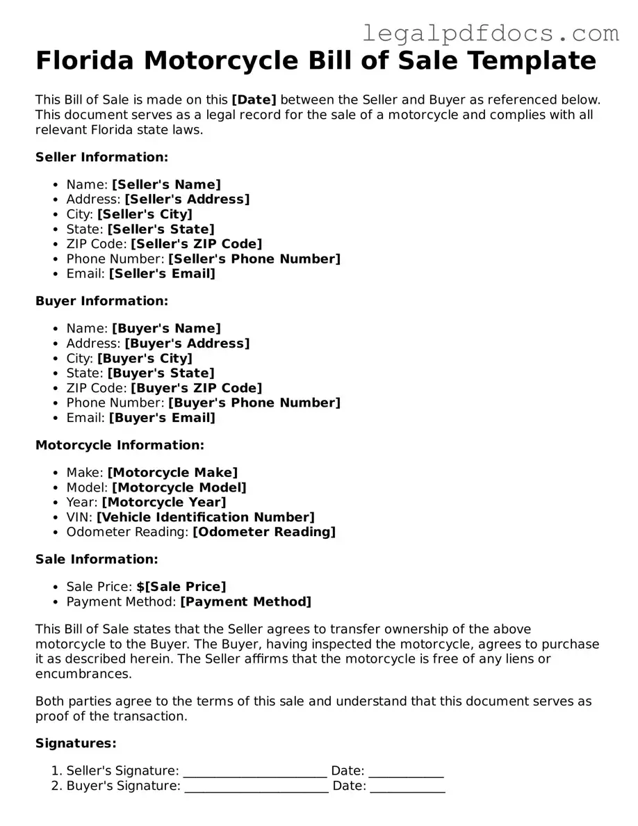 Official  Motorcycle Bill of Sale Form for Florida