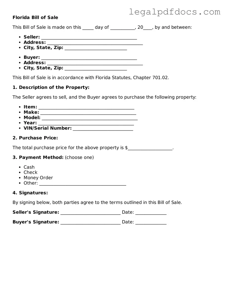 Official Bill of Sale Form for Florida