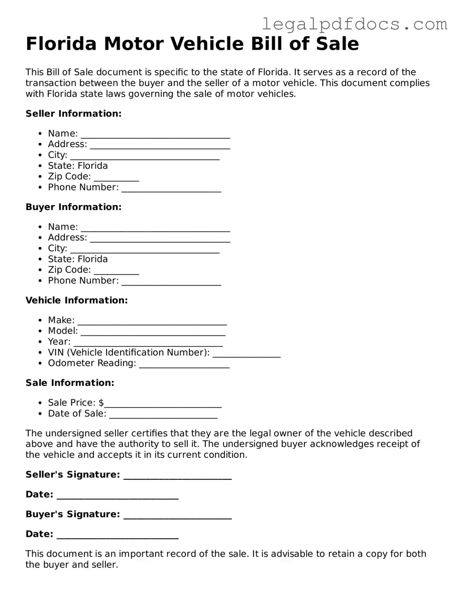 Official Motor Vehicle Bill of Sale Form for Florida