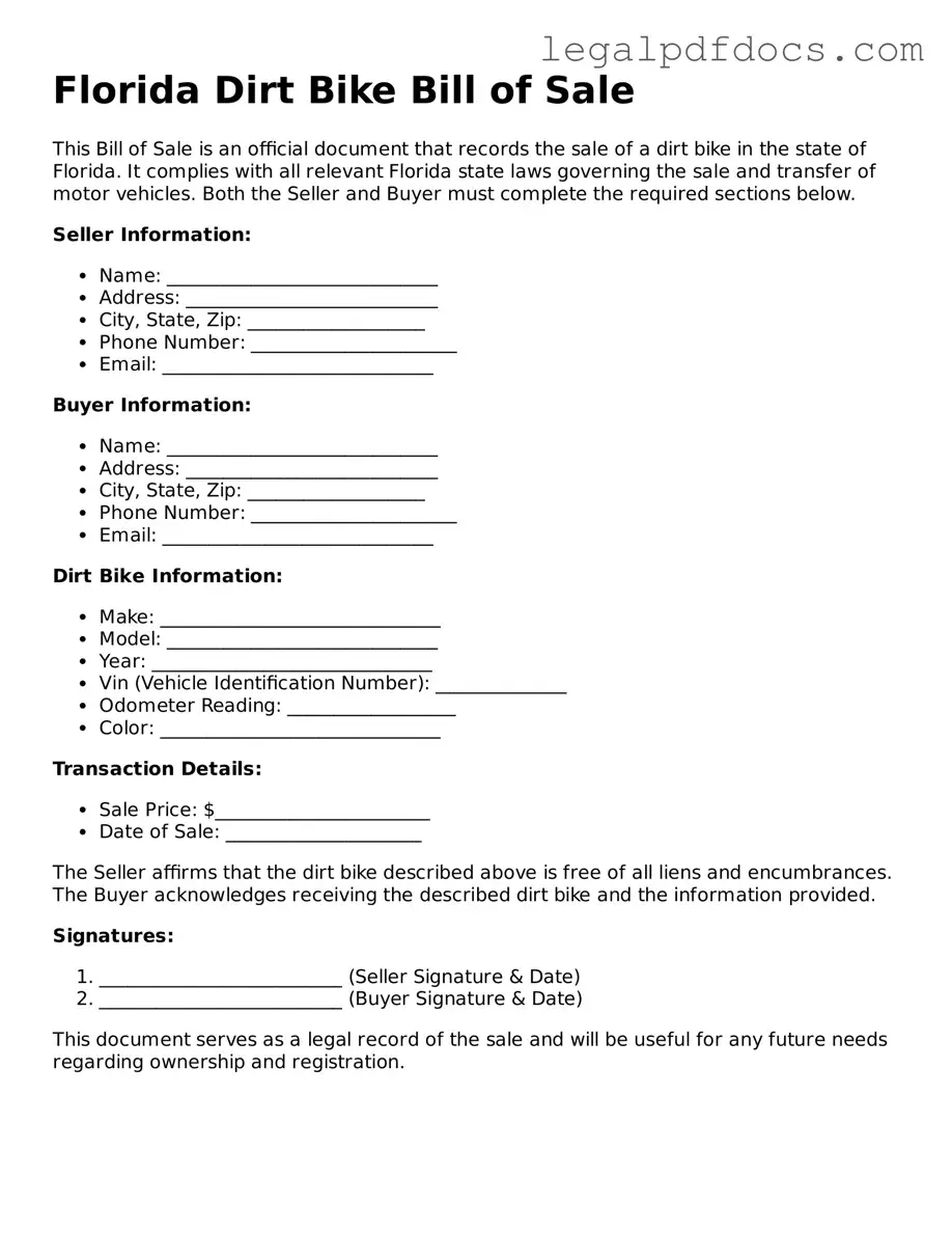Official  Dirt Bike Bill of Sale Form for Florida