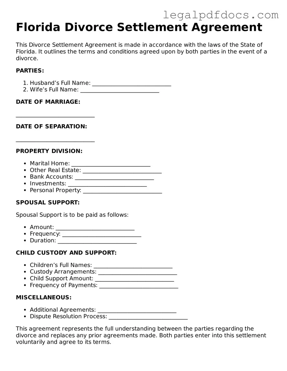 Official  Divorce Settlement Agreement Form for Florida