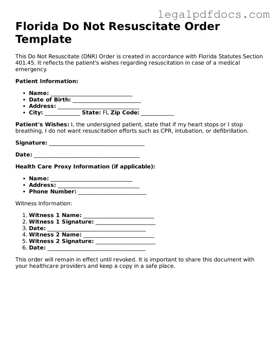 Official  Do Not Resuscitate Order Form for Florida