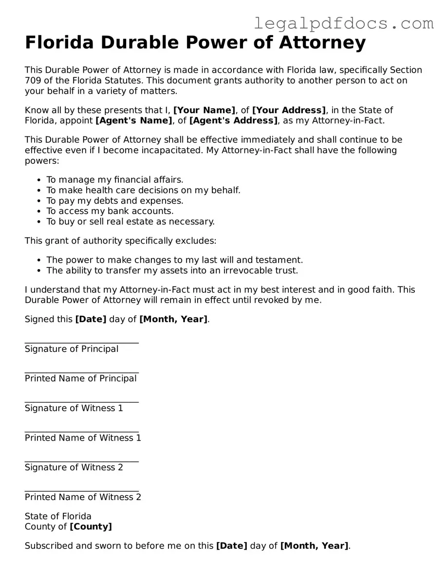 Official Durable Power of Attorney Form for Florida