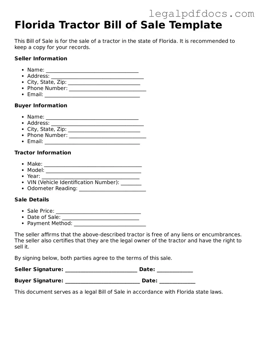 Official  Tractor Bill of Sale Form for Florida