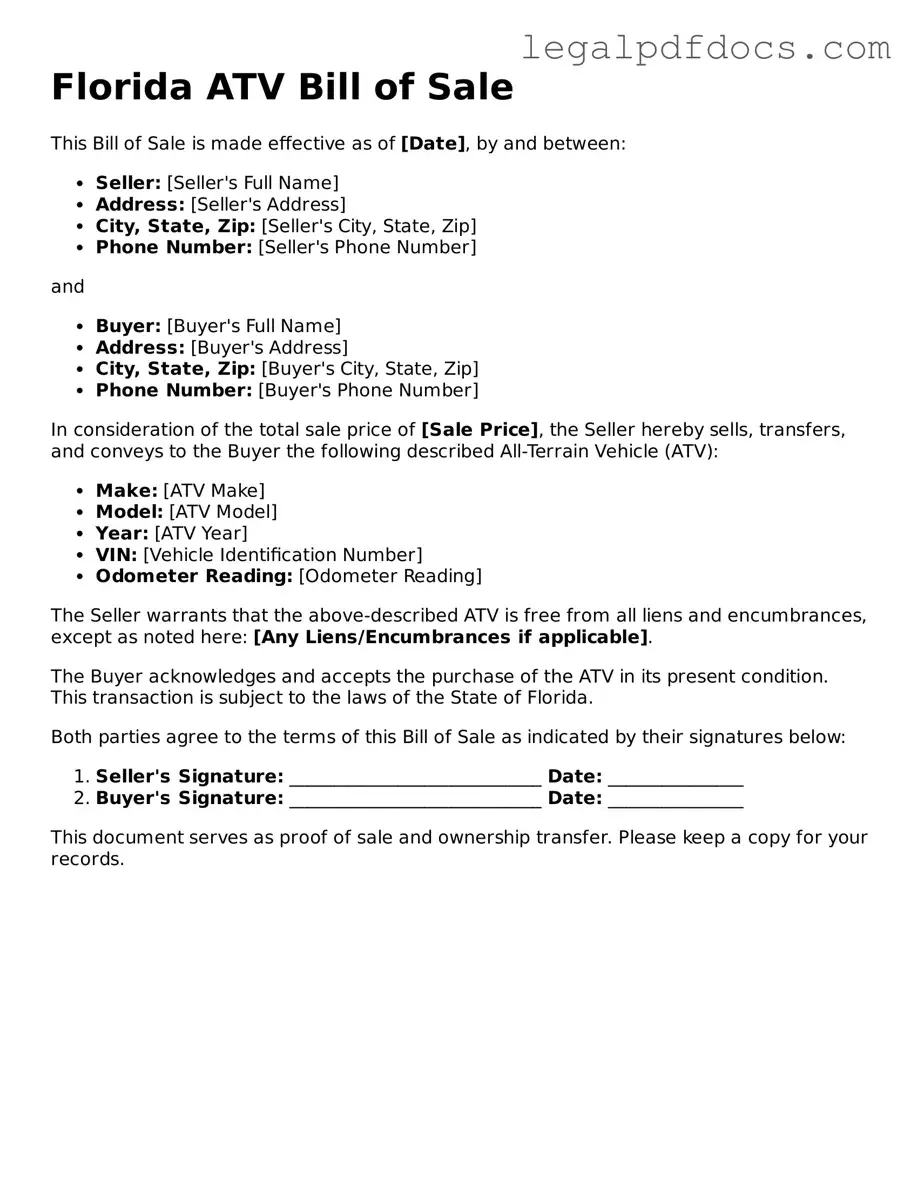 Official ATV Bill of Sale Form for Florida
