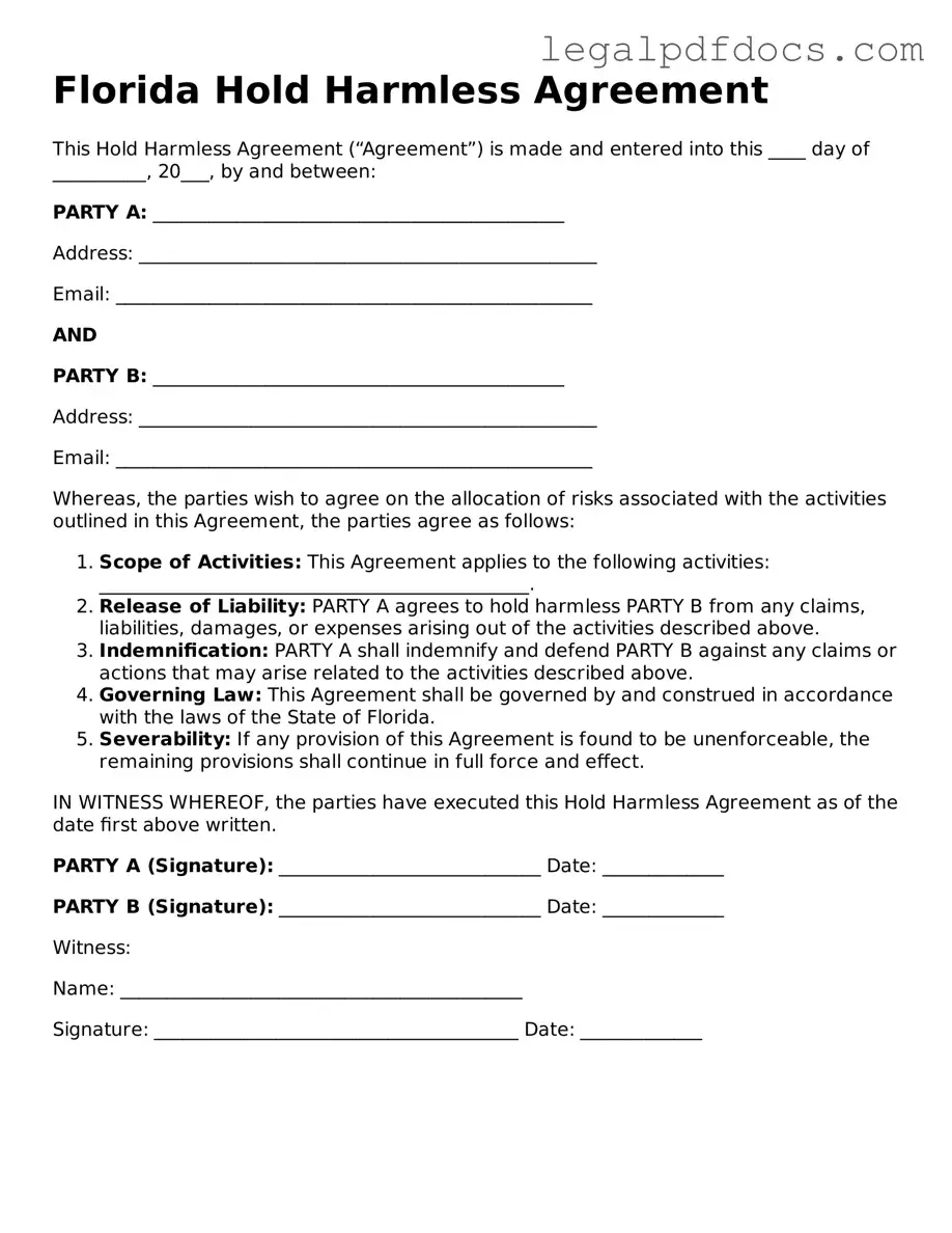 Official  Hold Harmless Agreement Form for Florida