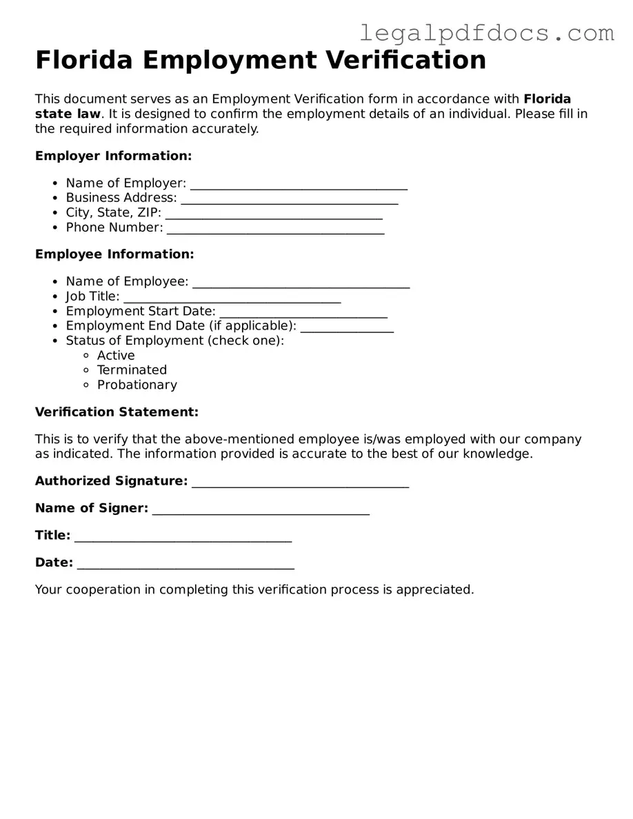 Official  Employment Verification Form for Florida