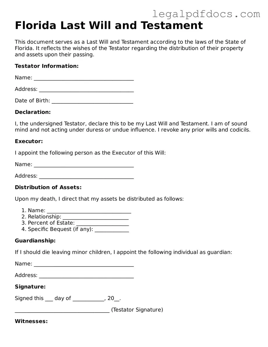 Official  Last Will and Testament Form for Florida