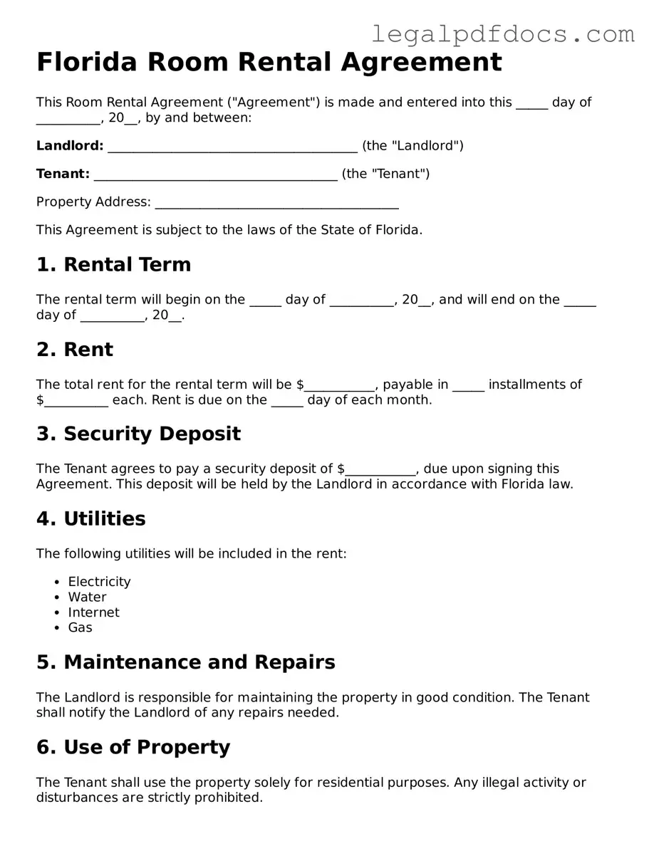 Official  Room Rental Agreement Form for Florida