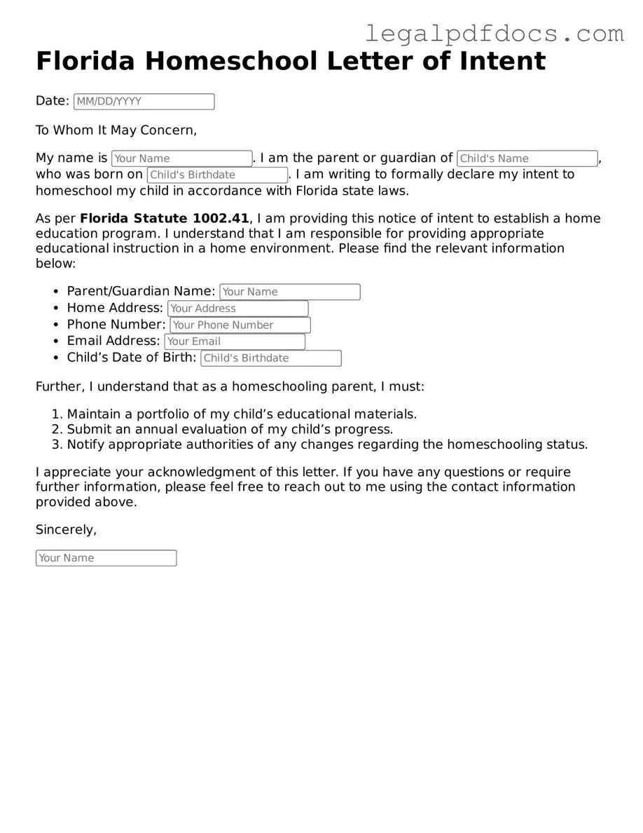 Official  Homeschool Letter of Intent Form for Florida