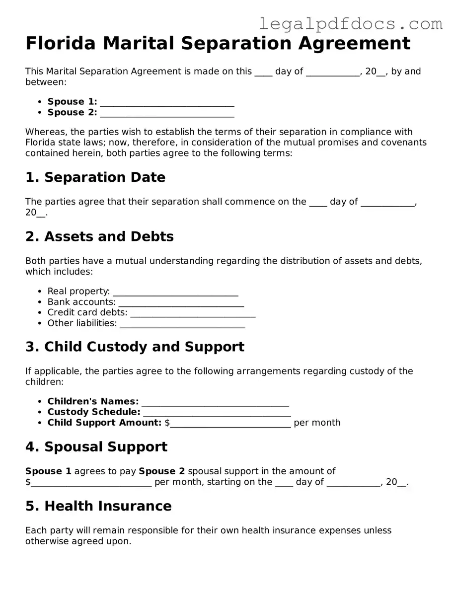 Official Marital Separation Agreement Form for Florida