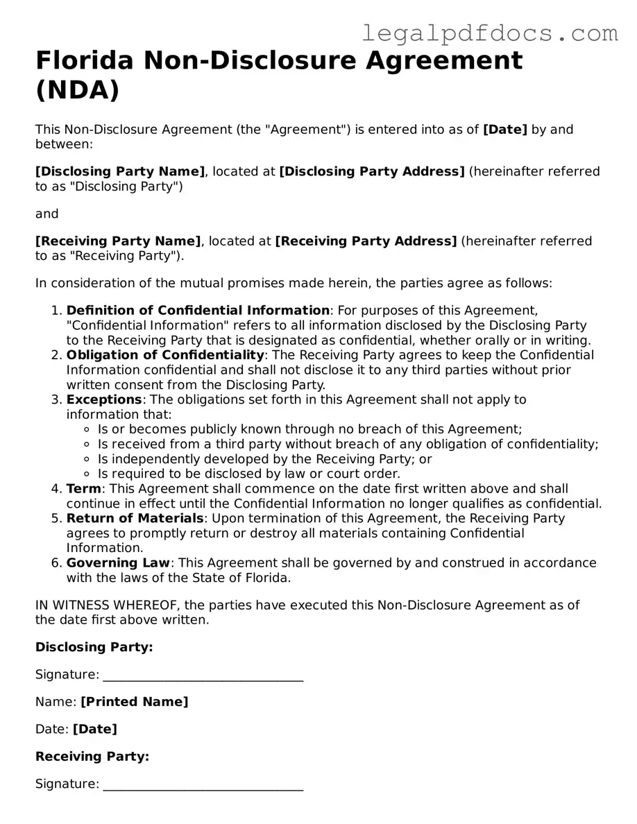 Official  Non-disclosure Agreement Form for Florida