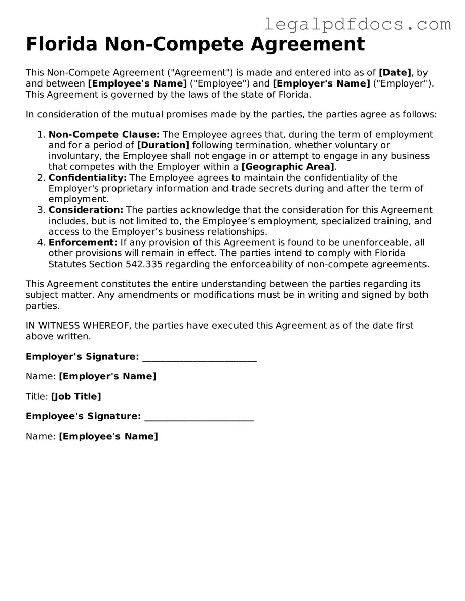 Official Non-compete Agreement Form for Florida
