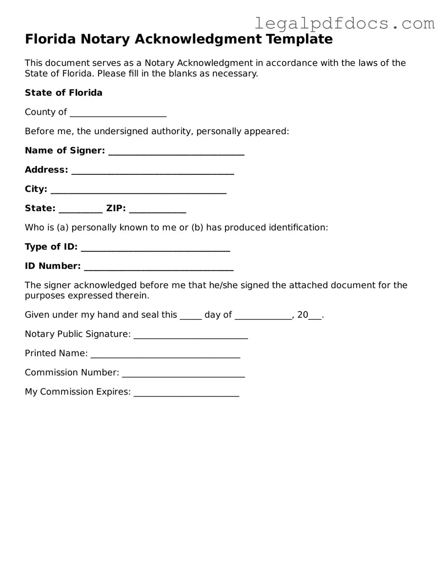 Official  Notary Acknowledgement Form for Florida