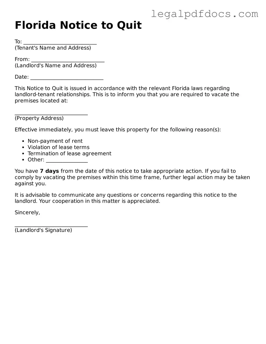 Official  Notice to Quit Form for Florida