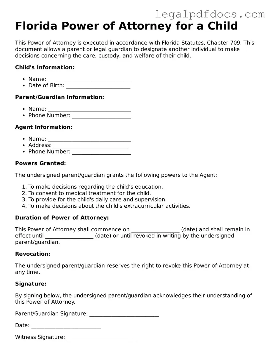 Official Power of Attorney for a Child Form for Florida