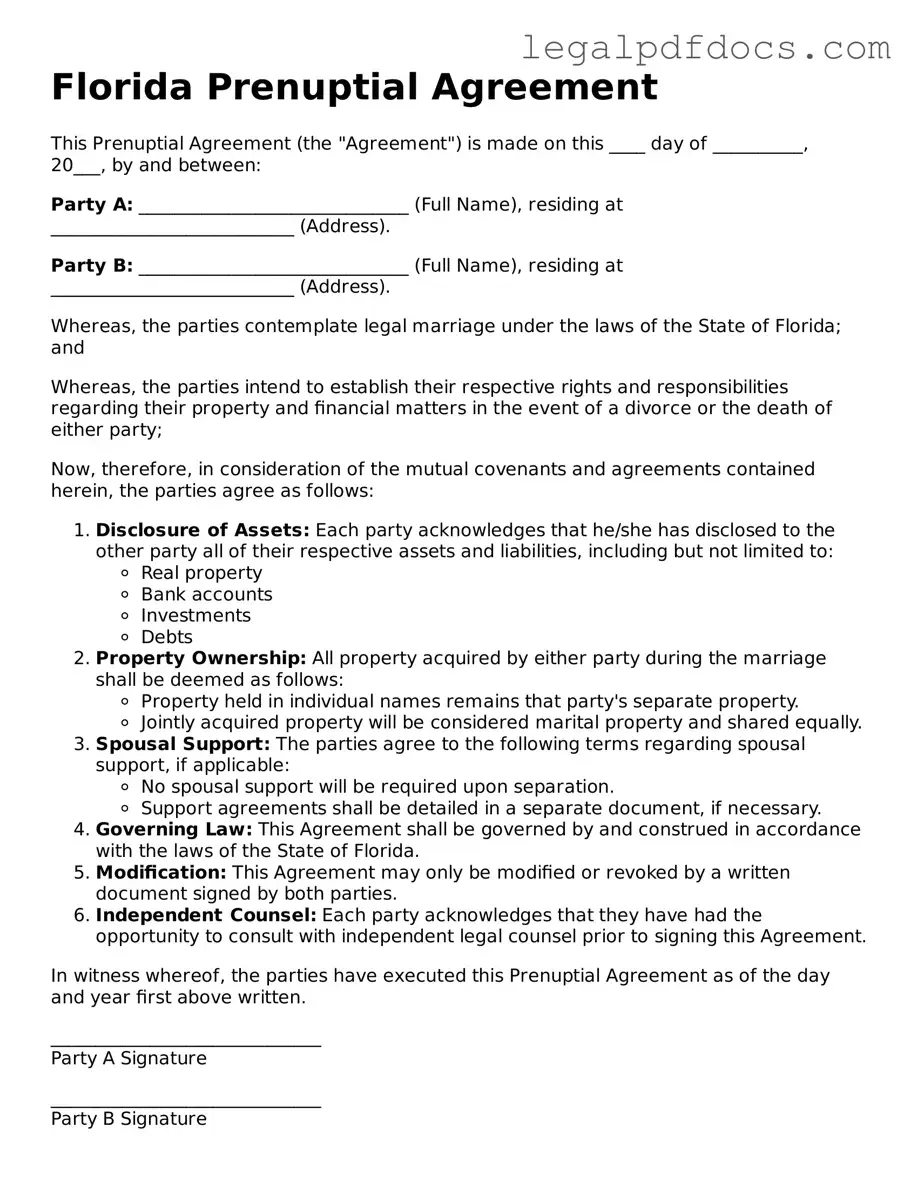 Official  Prenuptial Agreement Form for Florida