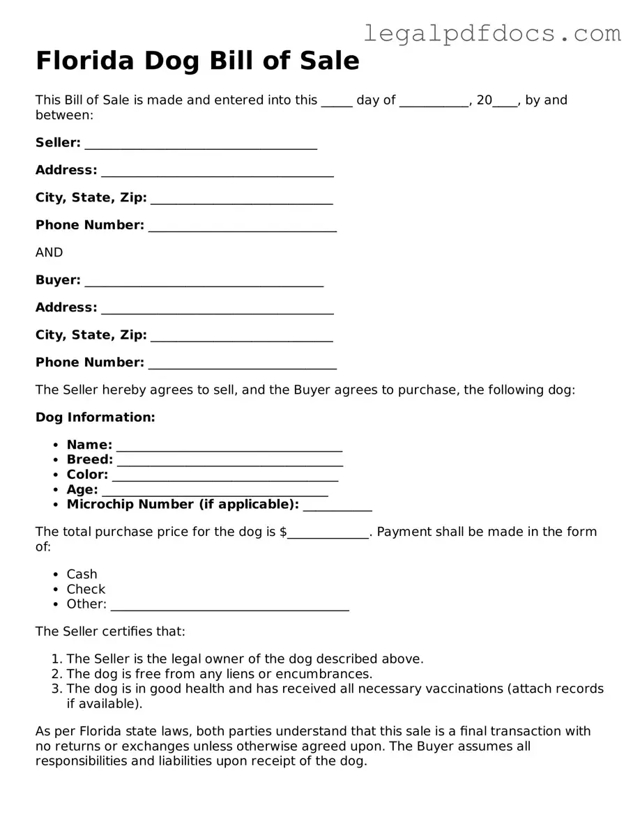 Official Dog Bill of Sale Form for Florida