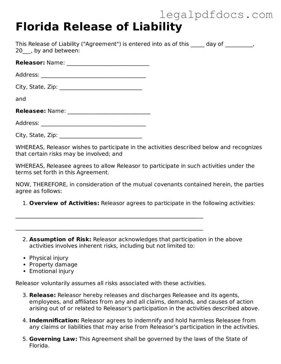 Official  Release of Liability Form for Florida