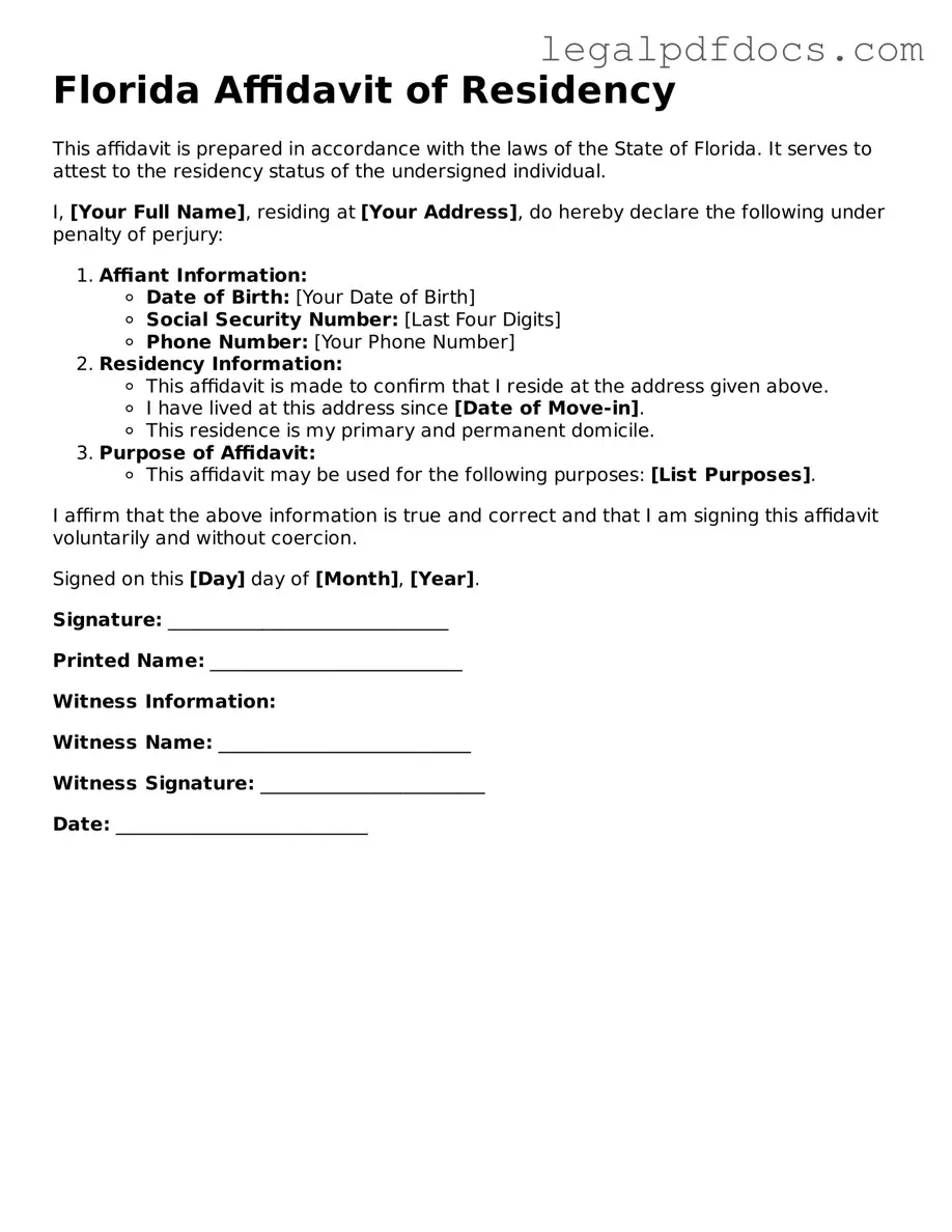 Official  Affidavit of Residency Form for Florida