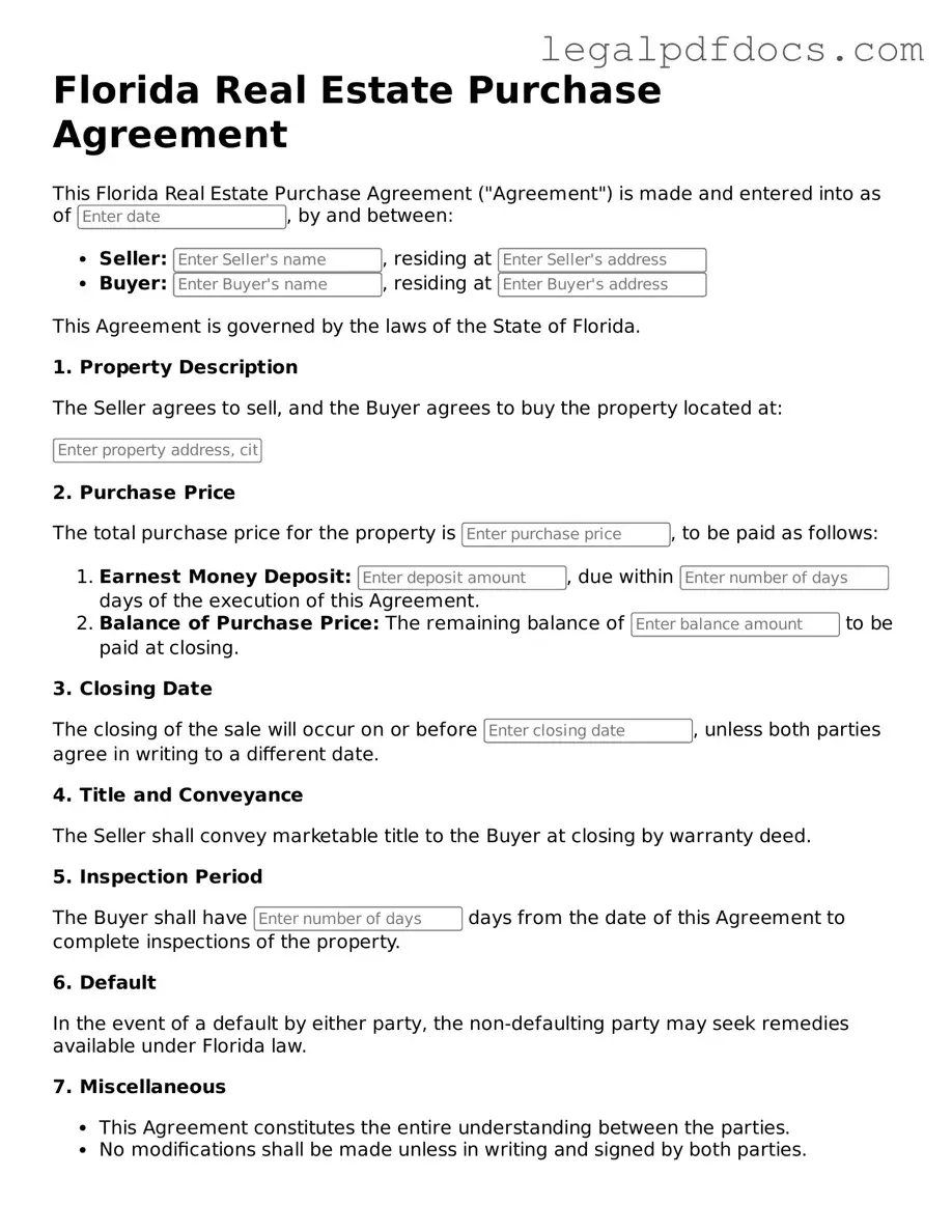 Official  Real Estate Purchase Agreement Form for Florida