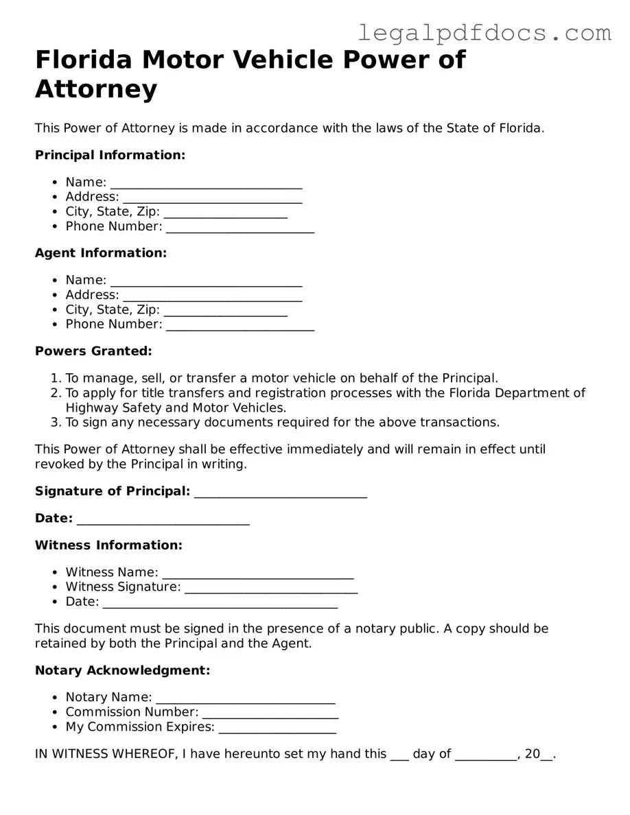 Official  Motor Vehicle Power of Attorney Form for Florida
