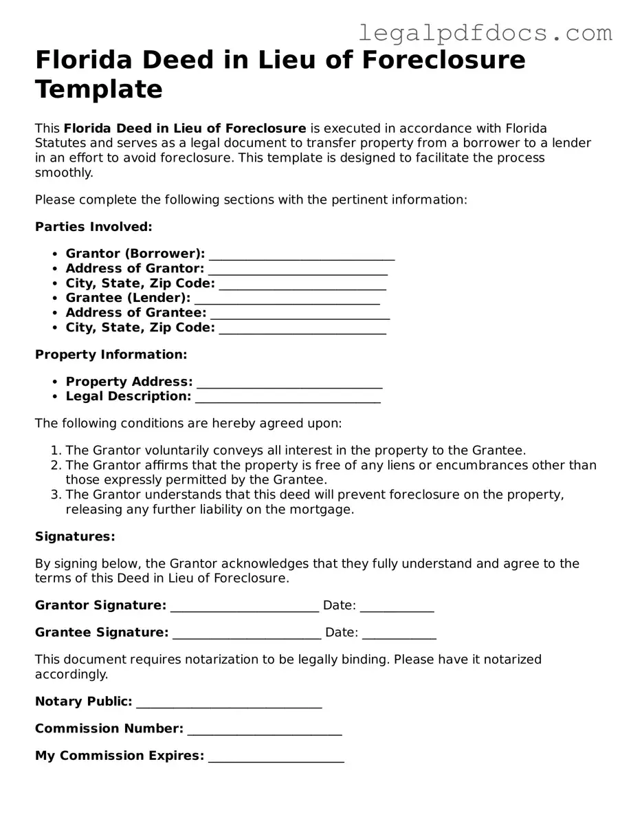 Official Deed in Lieu of Foreclosure Form for Florida