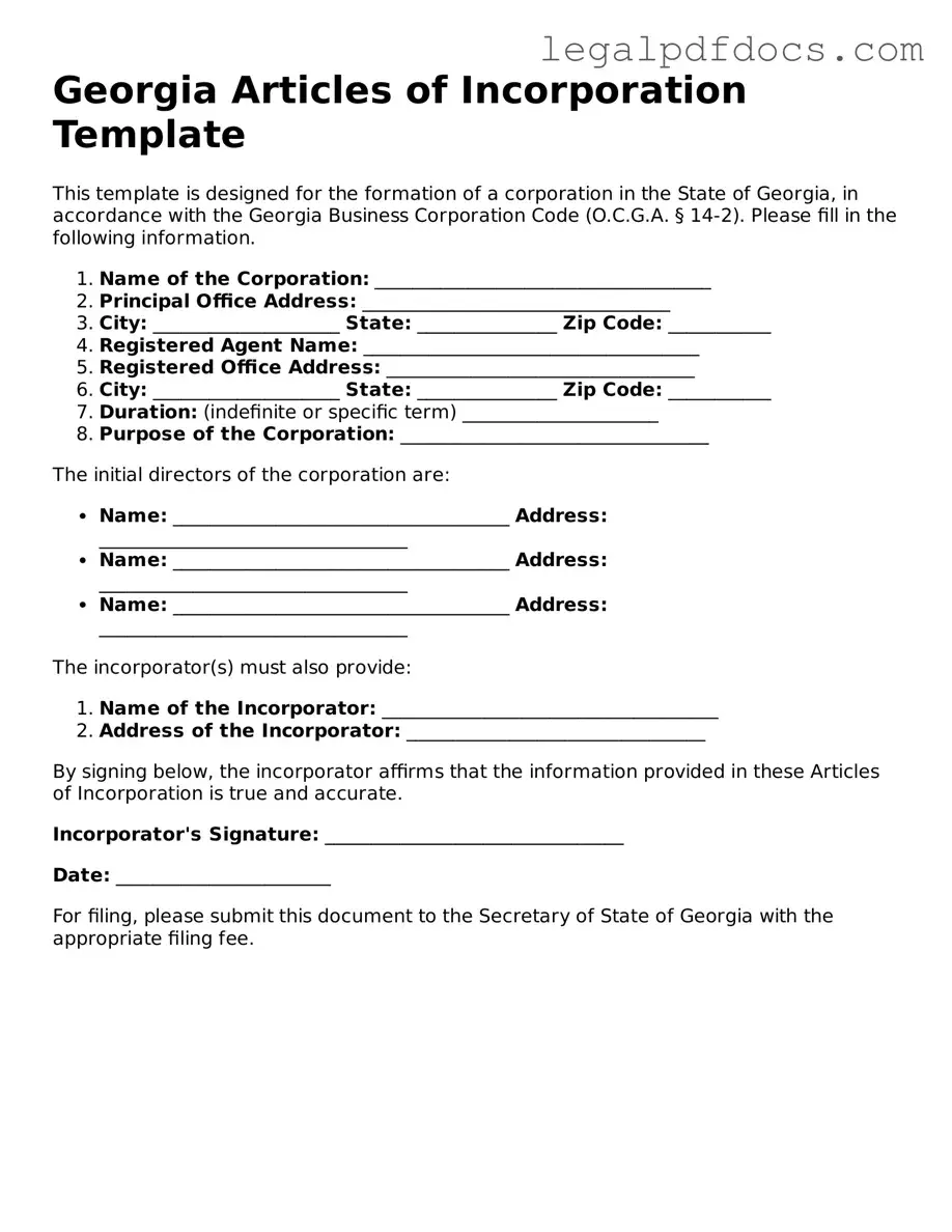 Official  Articles of Incorporation Form for Georgia