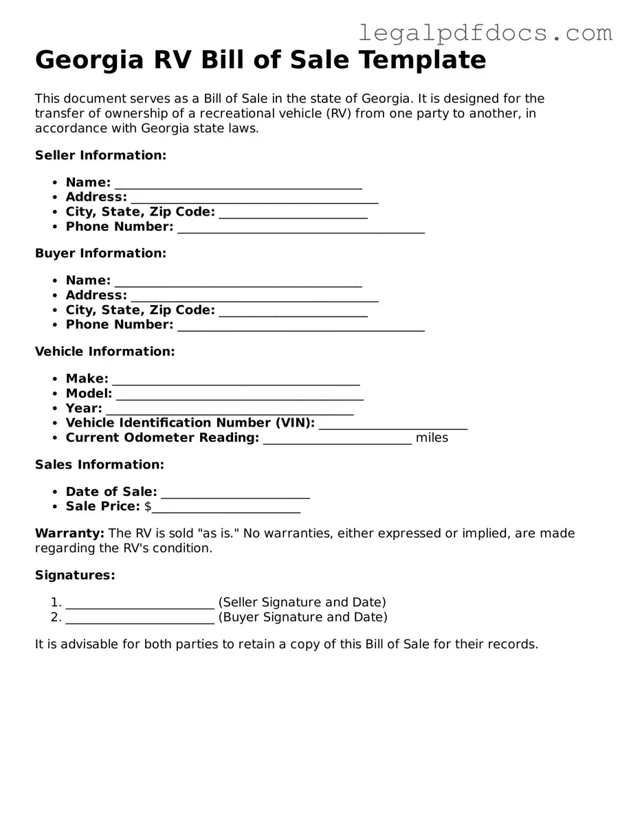 Official RV Bill of Sale Form for Georgia