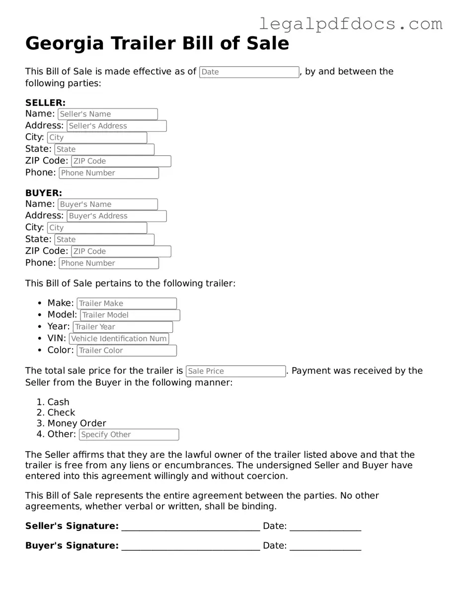 Official Trailer Bill of Sale Form for Georgia