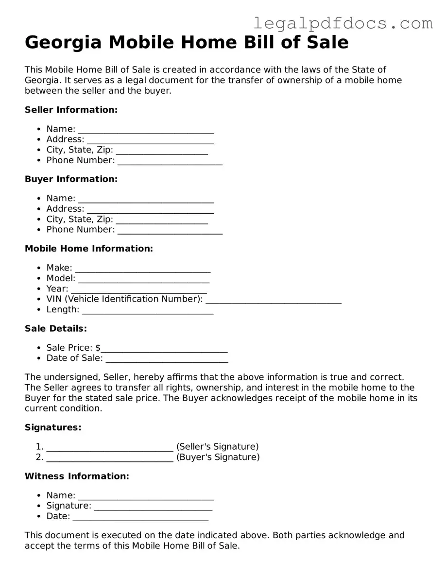 Official  Mobile Home Bill of Sale Form for Georgia