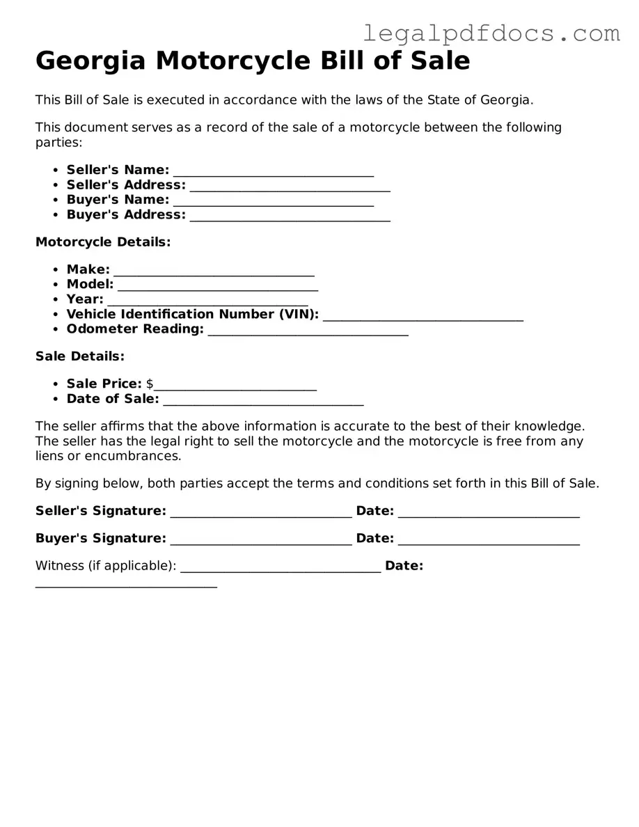 Official Motorcycle Bill of Sale Form for Georgia